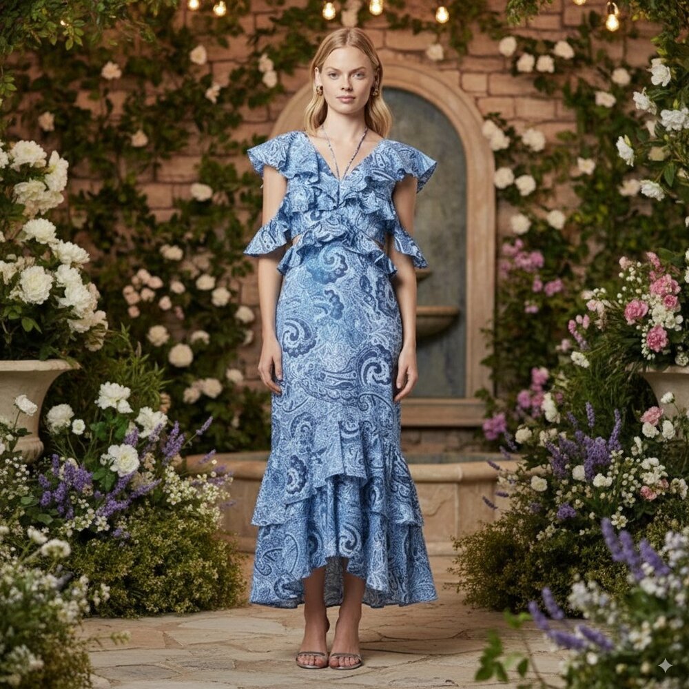 NWT ELLIATT Snow Printed Linen Maxi Gown In Blue